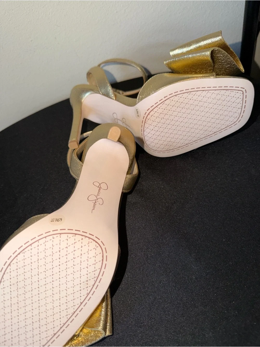 Jessica Simpson “Olivine” Gold Bow Ankle-Strap High Heels